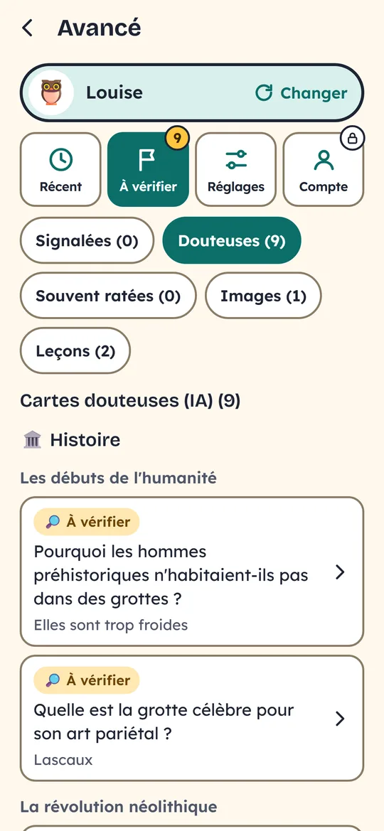 L'espace « Avancé » : les cartes à vérifier